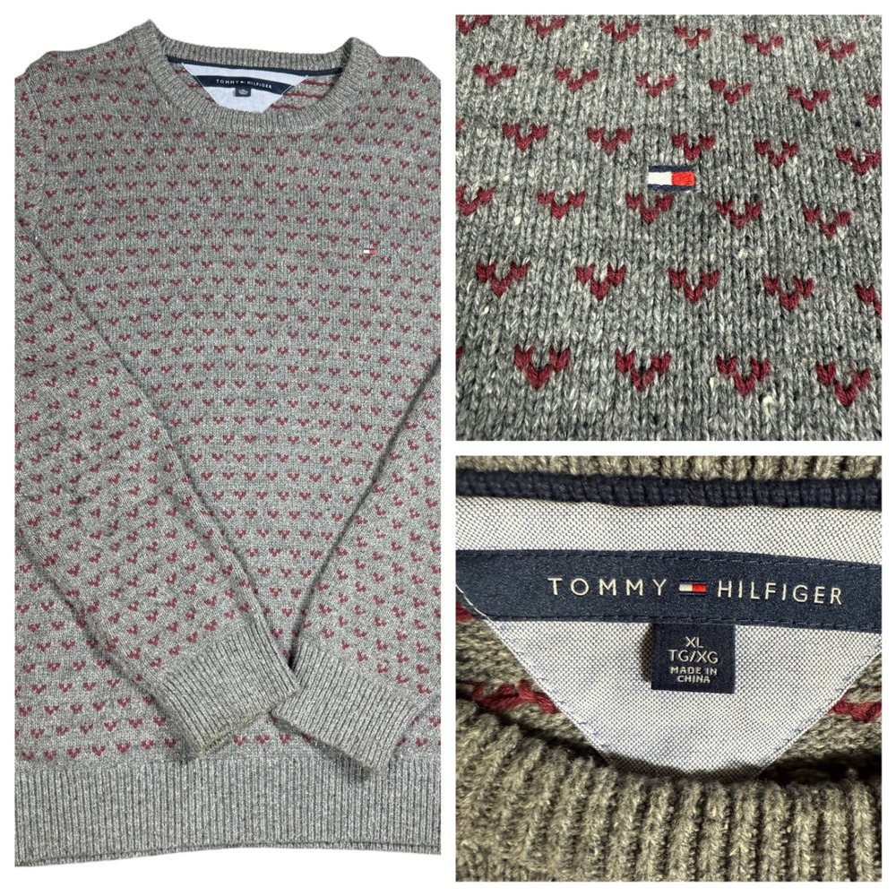 Tommy Hilfiger Sweater XL Gray Red Knit Crewneck Pullover Logo Preppy Casual